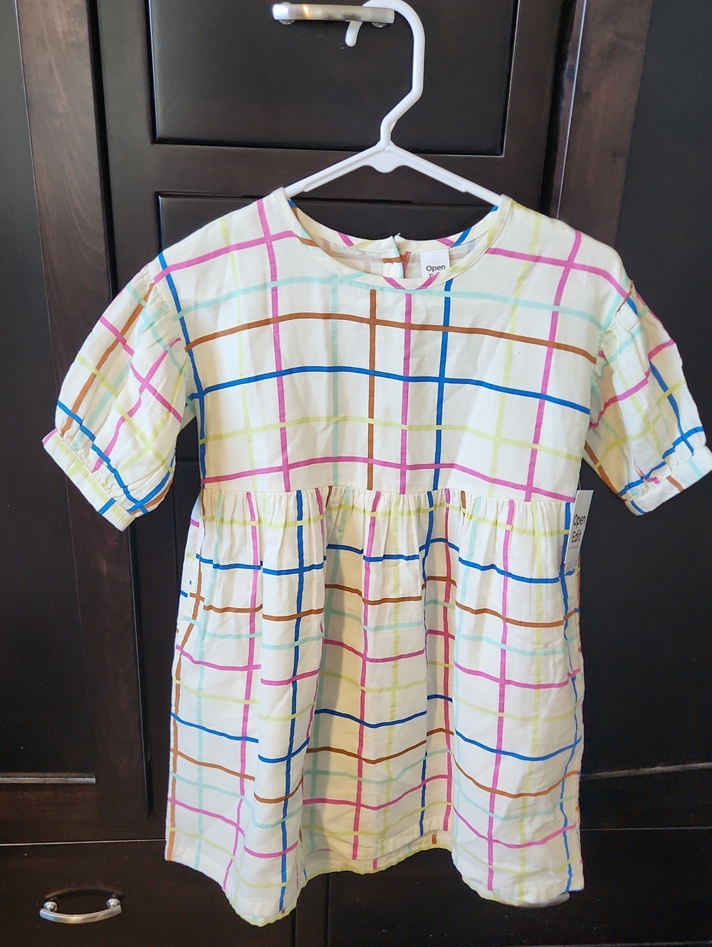 Open Edit Crewneck Multicolor Grid-Print Girls' Organic Cotton Casual Dress